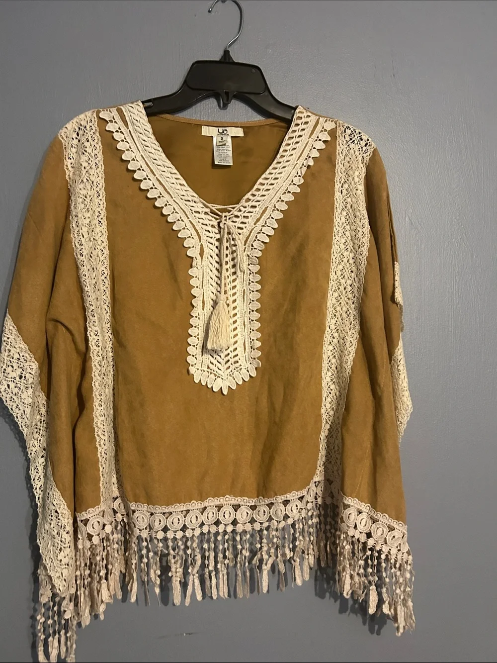 Ya Los Angeles Mustard Fringe Crochet Poncho Sweater with Cream Trim